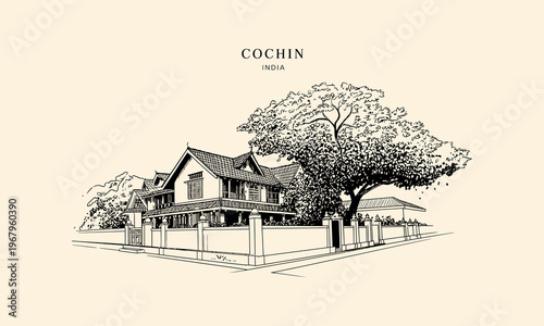 Cochin India Traditional House Sketch with Large Tree home architecture
