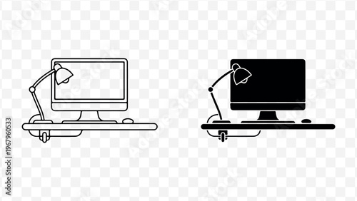 minimalist computer workstation illustrations with desk lamps isolated on Transparent Background