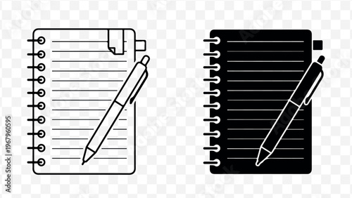 Spiral bound notebook and pen line icons for note taking and writing templates isolated on Transparent Background