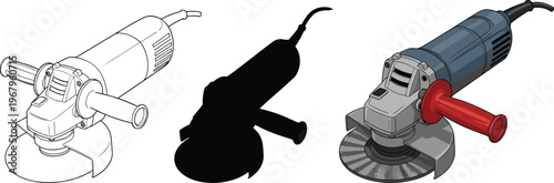 Professional electric angle grinder vector illustration set featuring line art silhouette and colorful styles for industrial metalworking and construction projects,