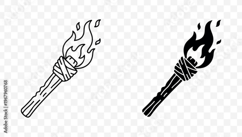 black and white line art torches with flames for graphic design isolated on Transparent Background