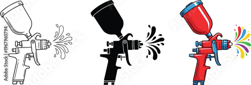 Professional paint spray gun vector illustration set featuring colorful splashes line art and silhouette styles for automotive and industrial design,