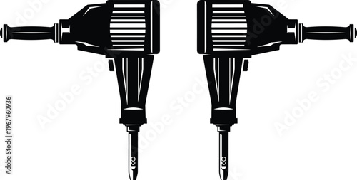 Jackhammer power tool vector illustration featuring heavy duty construction equipment in black silhouette for industrial building and road work projects.