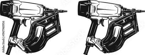 Professional pneumatic nail gun vector illustration set featuring industrial power tool silhouettes for carpentry construction and home renovation project designs,