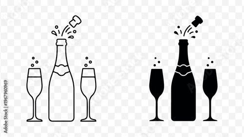 Minimalist champagne bottle and wine glass icons in black and white for celebrations and party invitations isolated on Transparent Background