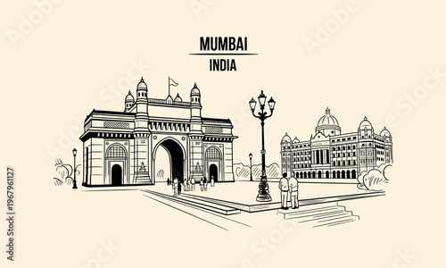 Mumbai India Gateway of India and Building Sketch architecture landmark