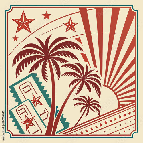 Nostalgic vacation tickets with tropical palm trees and sunset rays in vintage flat style featuring stars and decorative frame for summer travel.