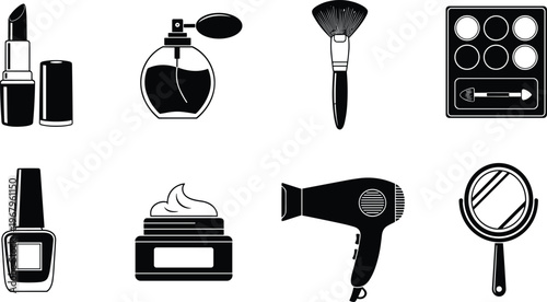 Beauty salon and professional makeup icons set including lipstick perfume brush eyeshadow palette nail polish skin cream hair dryer and hand mirror