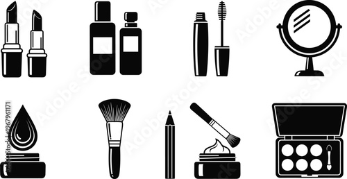 Black and white beauty cosmetics and professional makeup icons set including lipstick mascara mirror brushes eyeshadow palette and skin care products