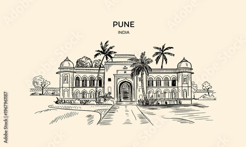 Pune India Palace Sketch with Palm Trees and Arched Entrance drawing