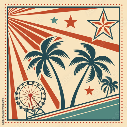 Vintage summer street fair poster with palm trees ferris wheel and stars retro design carnival amusement park vector illustration.