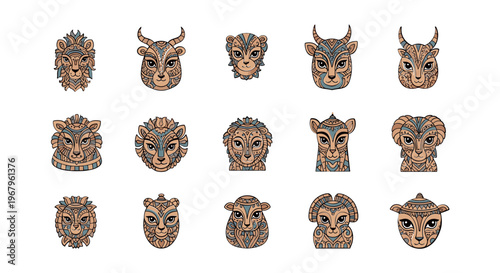 Collection of Various Wooden Mask Faces.