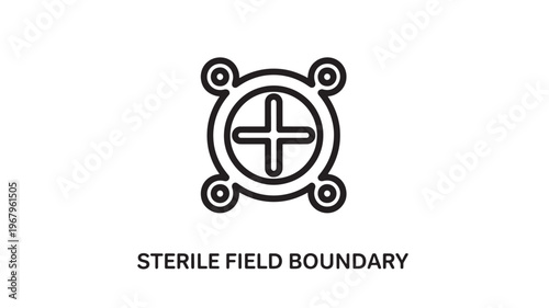 A medical symbol representing a sterile field boundary with a cross in the center, often used in healthcare settings to denote a sterile area.