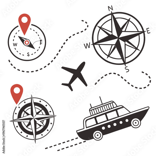 Travel concept with compasses airplane boat and location pins with red accents on white background illustrating journey.