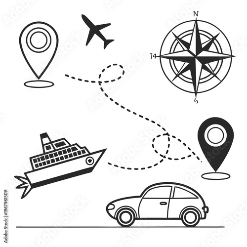 Travel concept with compasses airplane boat car and location pins on white background illustrating journey and exploration.