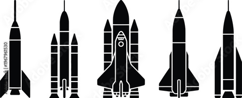 Rocket collection silhouette set, space shuttle and missile vector icons representing aerospace technology science exploration and transport design isolated on white background.