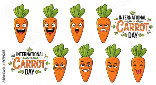 A colorful illustration of cartoon carrots with various expressions celebrating International Carrot Day on a white background with vector graphics and playful designs.