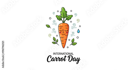 Illustration of a smiling carrot with green leaves and various icons celebrating International Carrot Day on a white background with a healthy food theme.