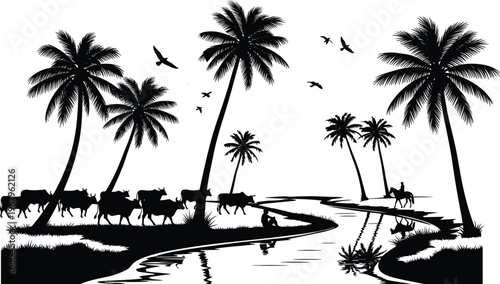 Peaceful rural landscape silhouette with herd of cattle walking by a river under palm trees and birds flying in a white background.