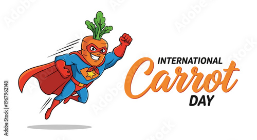 A cartoon carrot superhero wearing a blue and red costume flies towards the right with a joyful expression on International Carrot Day against a clean white background with orange and black