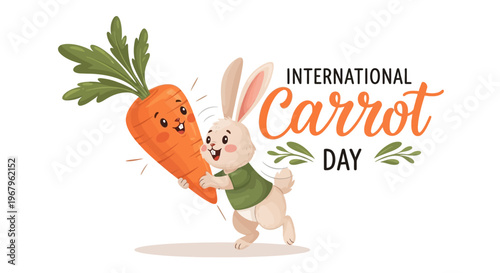 A cheerful cartoon rabbit holding a large carrot in a playful stance, celebrating International Carrot Day with colorful illustrations.