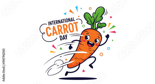 A cartoon carrot character running with a speech bubble on International Carrot Day, surrounded by colorful confetti and geometric shapes in a playful illustration.