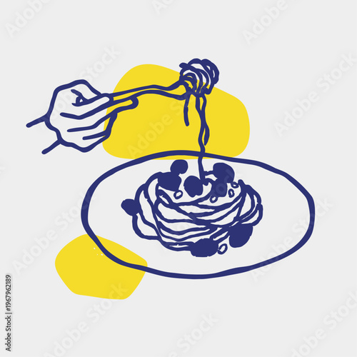 Hand holding fork with pasta wrapped around it over plate in outline sketch illustration capturing an eating moment