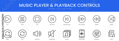 Essential minimalist icons for media players including playback controls volume settings and playlist management features