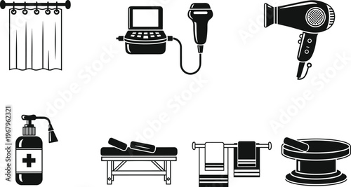 Professional medical spa and wellness equipment icons set, featuring ultrasound machine, massage table, hair dryer, towels, and luxury beauty salon therapy accessories