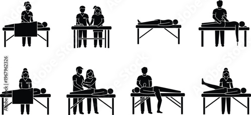 Professional physical therapy and massage icons set featuring therapists performing clinical body treatments, stretching, rehabilitation, and wellness care on specialized medical tables