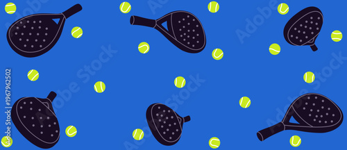 Seamless pattern vector illustration featuring padel/tennis rackets and bright tennis balls scattered on a bold blue background. for sports branding, fabric prints, wallpapers, packaging, and active 