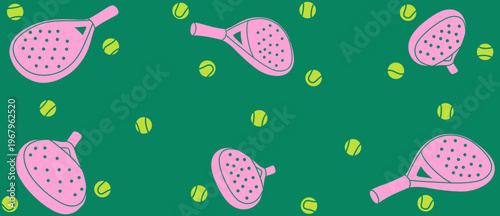 Seamless pattern vector featuring padel rackets and tennis balls in a playful pink and green color palette. perfect for sports-themed textiles, packaging, wallpapers, branding, and active lifestyle 