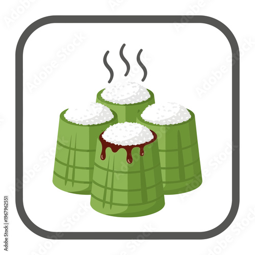 Delicious traditional Asian steamed sticky rice dessert with sweet red topping, served in natural bamboo containers, ready to eat