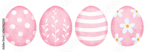 Collection of decorative Easter eggs with various hand-drawn white patterns including flowers, polka dots, stripes, and hearts. Vibrant pastel watercolor-style egg set isolated on white background.