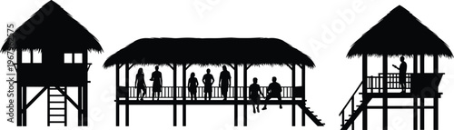 Silhouette of tropical bamboo stilt houses with thatched roofs featuring people relaxing, socializing, and enjoying a traditional island resort or coastal village lifestyle.