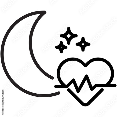 Line icon showing a crescent moon with stars and a heart with a pulse line representing sleep monitoring