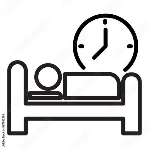 Line icon of a person lying in bed with a clock in the background showing the length of sleep