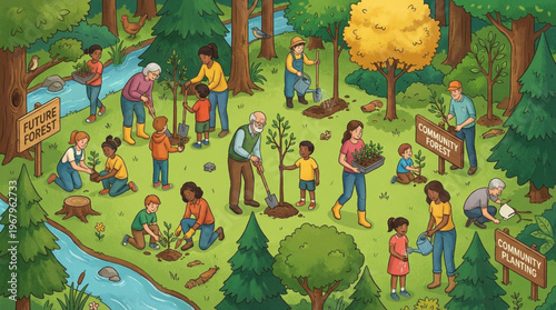 Community Tree Planting Illustration, Volunteers Restoring Forest, Environmental Conservation, Reforestation Education, Sustainable Nature Cartoon Vector