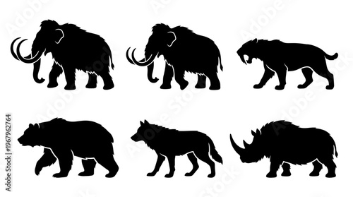 Prehistoric Animals Vector Silhouettes Ice Age Mammoth Saber Tooth Cat Bear Wolf Rhinoceros Extinct Wildlife Megafauna Black Outline Illustration Clipart Graphic Icon Symbol