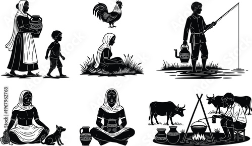 Traditional village life silhouette set with people cooking on bonfire, fishing, carrying water, tending cattle, and sitting with dog in rural scene
