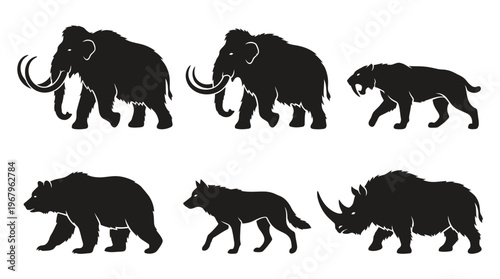 Prehistoric Animals Vector Silhouettes Ice Age Mammoth Saber Tooth Cat Bear Wolf Rhinoceros Extinct Wildlife Megafauna Black Outline Illustration Clipart Graphic Icon Symbol