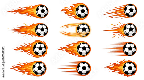 Soccer Balls Vector Flames Fiery Designs Motion Speed Energy Athletic Sport Dynamic Illustration Clipart Graphic Icon Symbol Football Fire Trail Burst