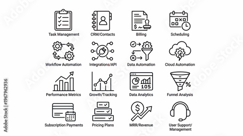 Comprehensive Icons for Streamlining Business Operations, Enhancing Data Analytics, and Automating Key Workflows