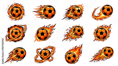 Soccer Balls Vector Flames Fiery Designs Motion Speed Energy Athletic Sport Dynamic Illustration Clipart Graphic Icon Symbol Football Fire Trail Burst