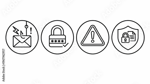 Critical Online Security Threats and Protection Measures Phishing, Strong Passwords, Alerts, and Data Safeguarding Visuals