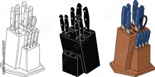 Professional kitchen knife set in wooden block vector illustration featuring chef knives, scissors, and sharpening steel in outline and silhouette.