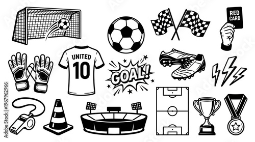 Soccer Icons Vector Ball Goal Net Cleats Jersey Whistle Trophy Medal Stadium Flags Champion Equipment Athletic Sport Clipart Illustration Graphic Design Symbol