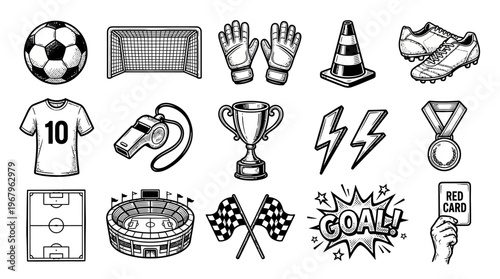 Soccer Icons Vector Ball Goal Net Cleats Jersey Whistle Trophy Medal Stadium Flags Champion Equipment Athletic Sport Clipart Illustration Graphic Design Symbol