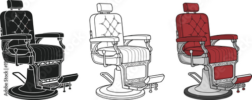 Vintage barber chair set featuring classic retro leather design in line art silhouette and colorful flat vector illustrations for salon branding