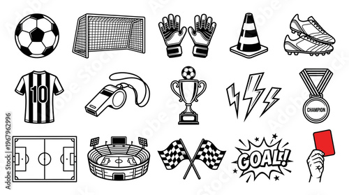 Soccer Icons Vector Ball Goal Net Cleats Jersey Whistle Trophy Medal Stadium Flags Champion Equipment Athletic Sport Clipart Illustration Graphic Design Symbol